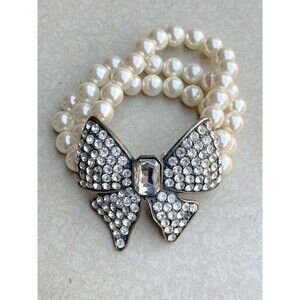 Vtg 3 Strand Pearl Look Bracelet Rhinestone Bow-Stretch Pinup 50s Burlesque